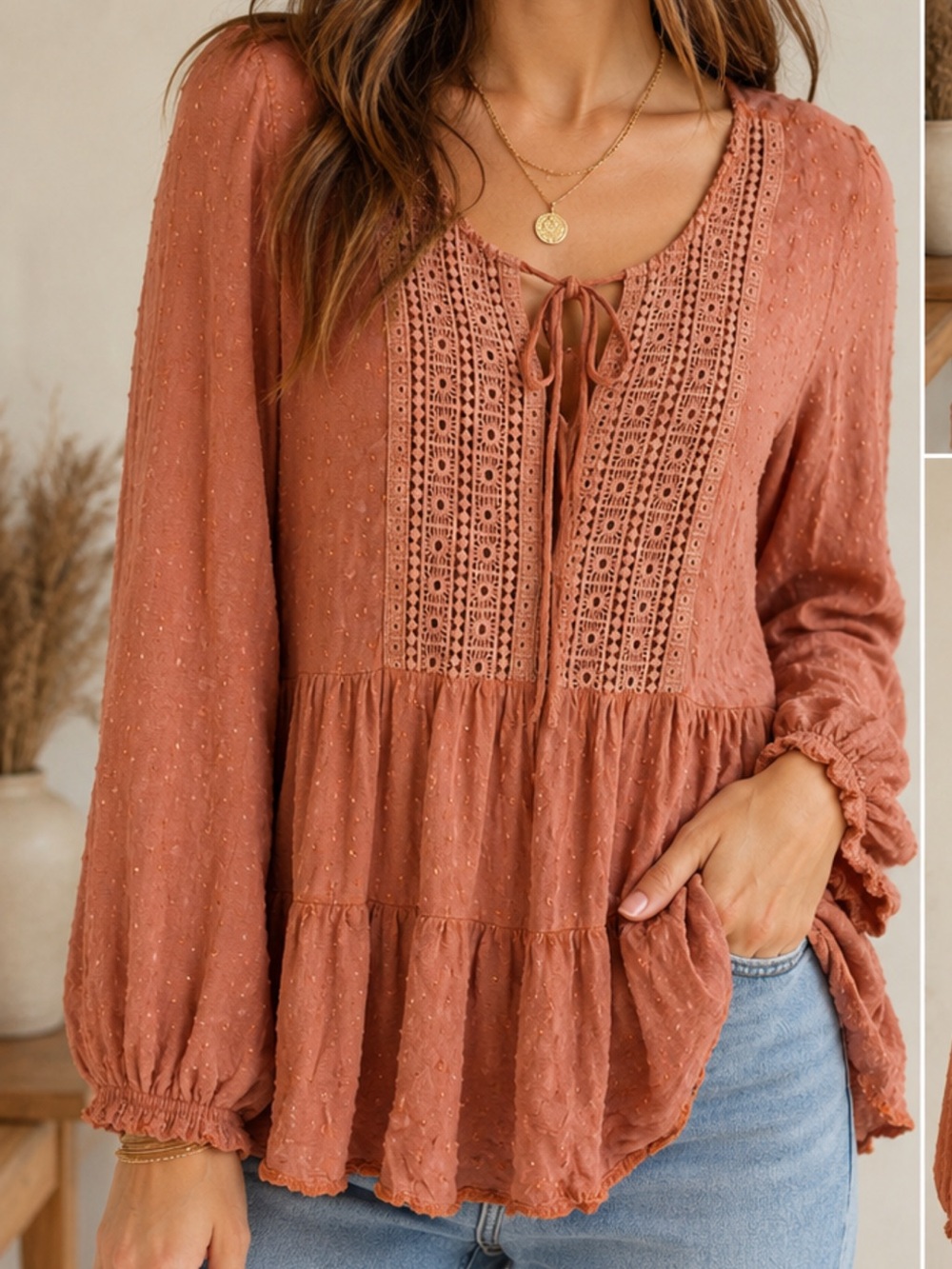 Cato Boho Swiss Dot Tunic Blouse Dusty Rose Crochet Lace Tiered Peasant Top L‎